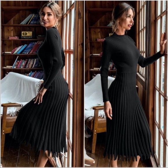 Classic ribbed knit mock neck sweater dress Work - Picture 5 of 13